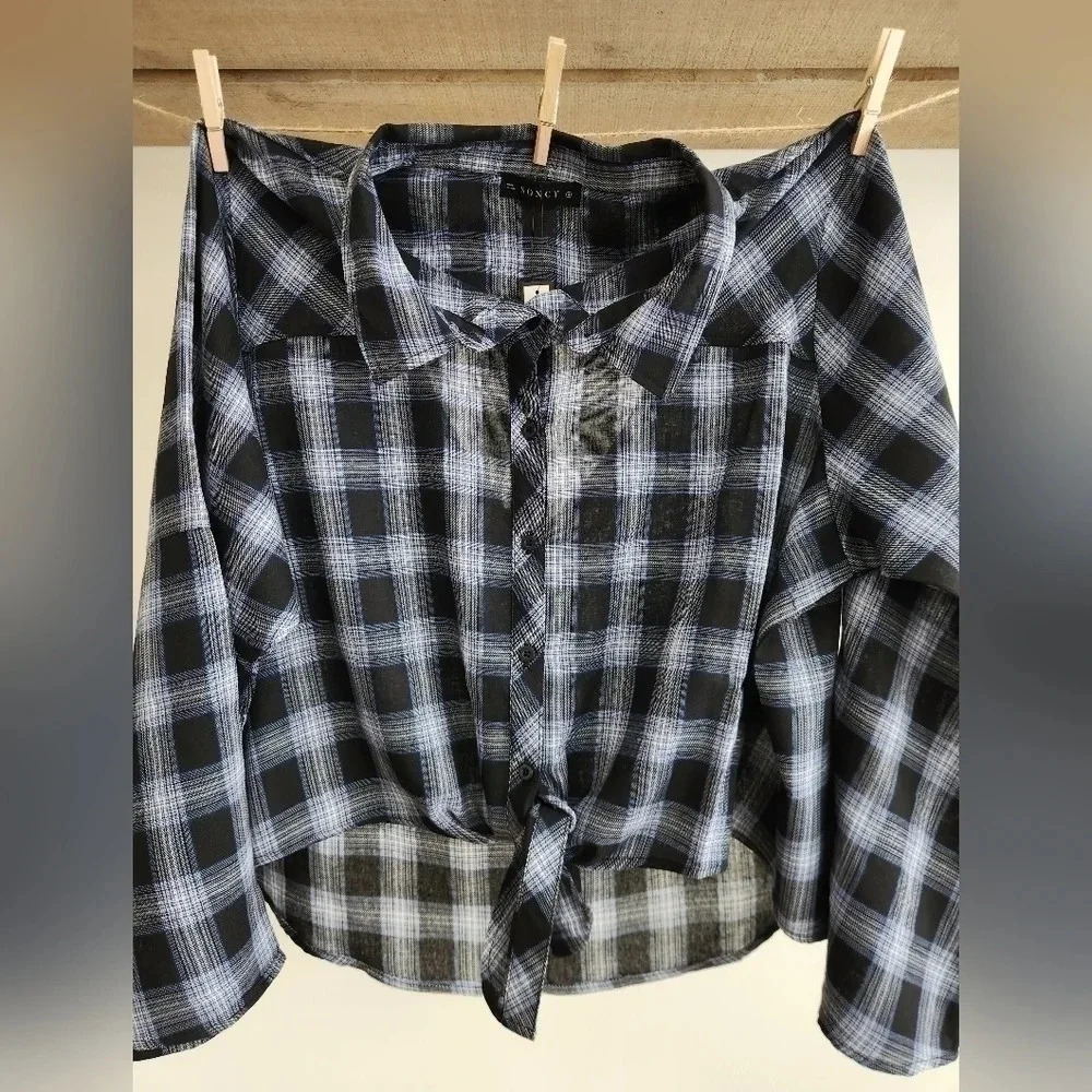 NWT || SONCY || plaid, tie waist, top, shirt, black, button down, size 26